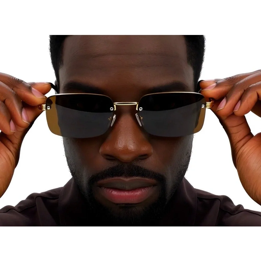 Men's Rimless Luxury Hip Hop Gem‎ Cut Brown Tint Gold Frame Rectangle Sunglasses